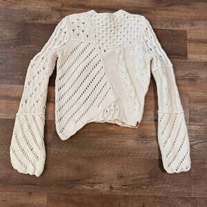 Asymmetrical Open Crochet Beach Sweater M Ivory Boho Festival Balloon Sleeve